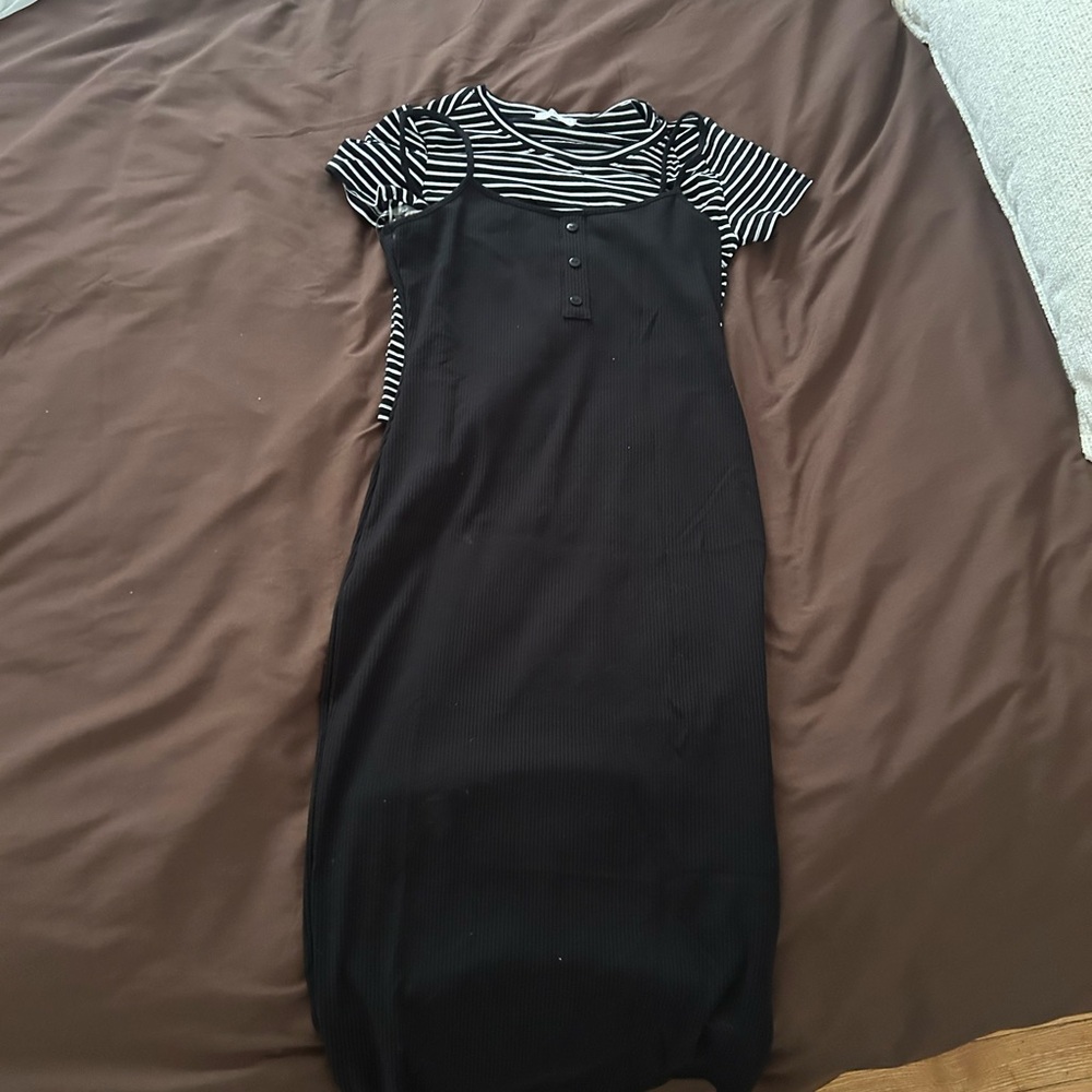 Black Layered-Style Midi Dress with Striped Tee